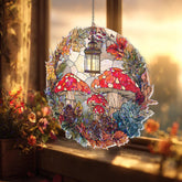 Mushroom Lantern Acrylic Suncatcher, Stained Glass Style Autumn Leaves Pinecones Round Window Hanging, Cottagecore Woodland Nature Decor